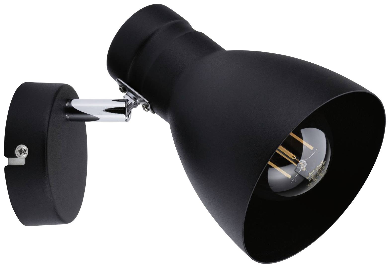 Čierne nástenné svietidlo s okrúhlym držiakom a viditeľnou žiarovkou, vhodné pre priame osvetlenie v interiéri.