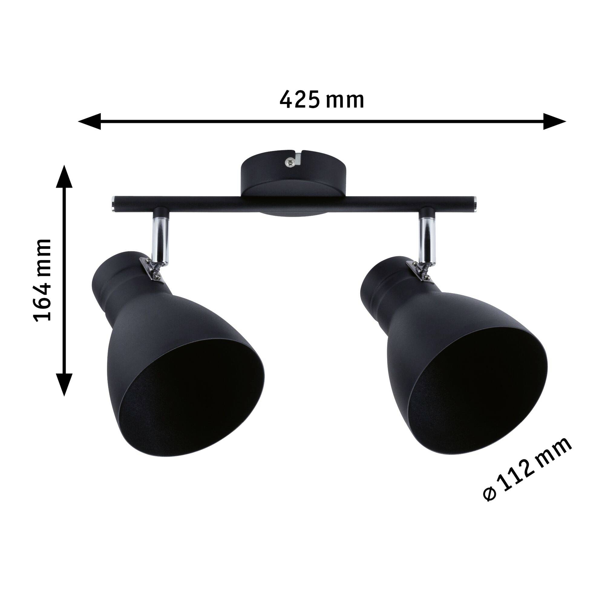 Čierny reflektor s dvoma smermi svietenia. Rozmery: šírka 425 mm, výška 164 mm, tienidlá Ø 112 mm.