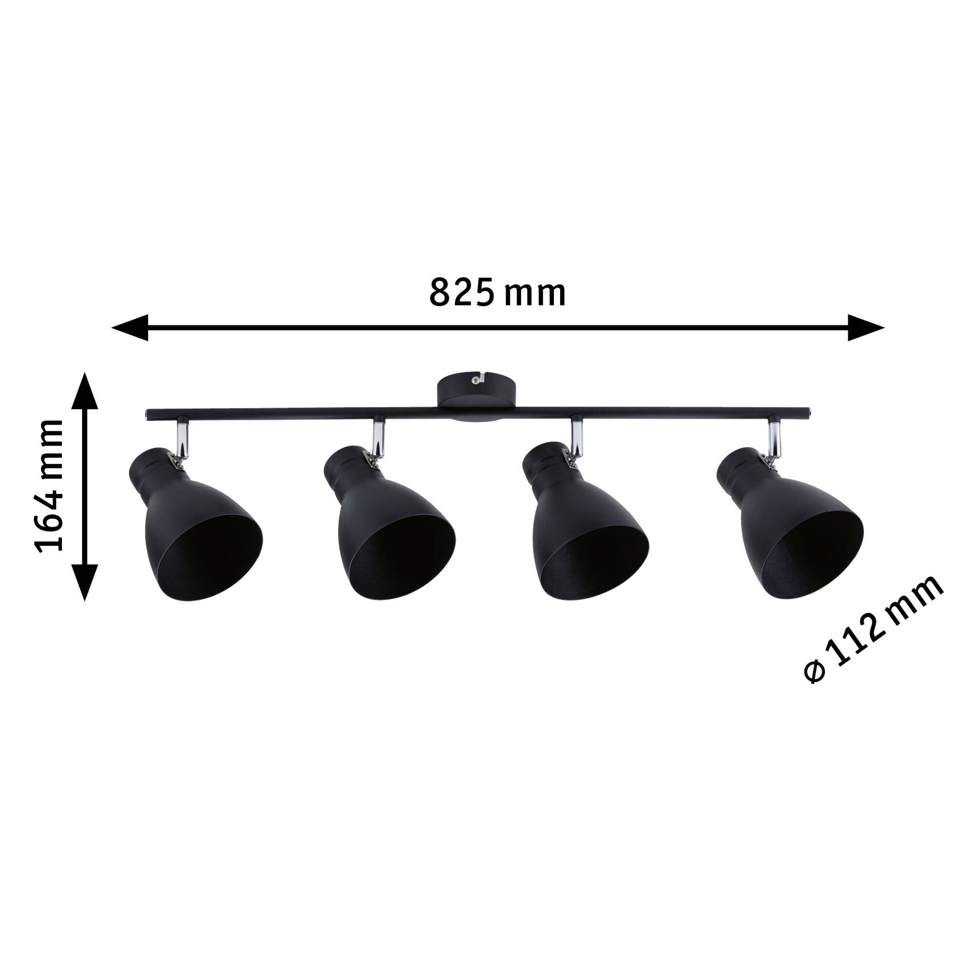 Čierne stropné svietidlo so štyrmi nastaviteľnými svetlometmi, šírka 825 mm, výška 164 mm, priemer 112 mm.