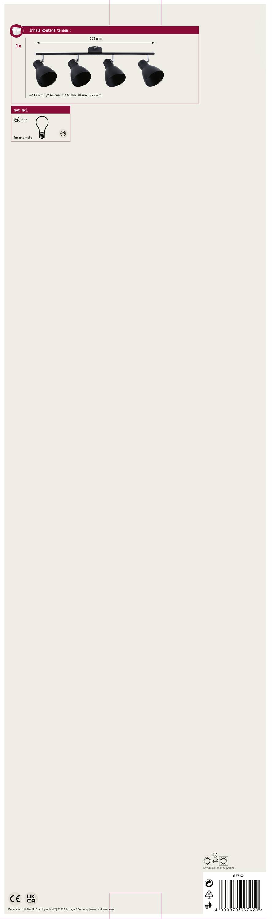 'Paulmann Premium Line 4 Spot ES111 2x75W GU10 chróm' zobrazuje obrázok so 4 nastaviteľnými bodovými svetlami. Hore: technický diagram, meracie jednotky. Dole: logo produktu a čiarový kód.