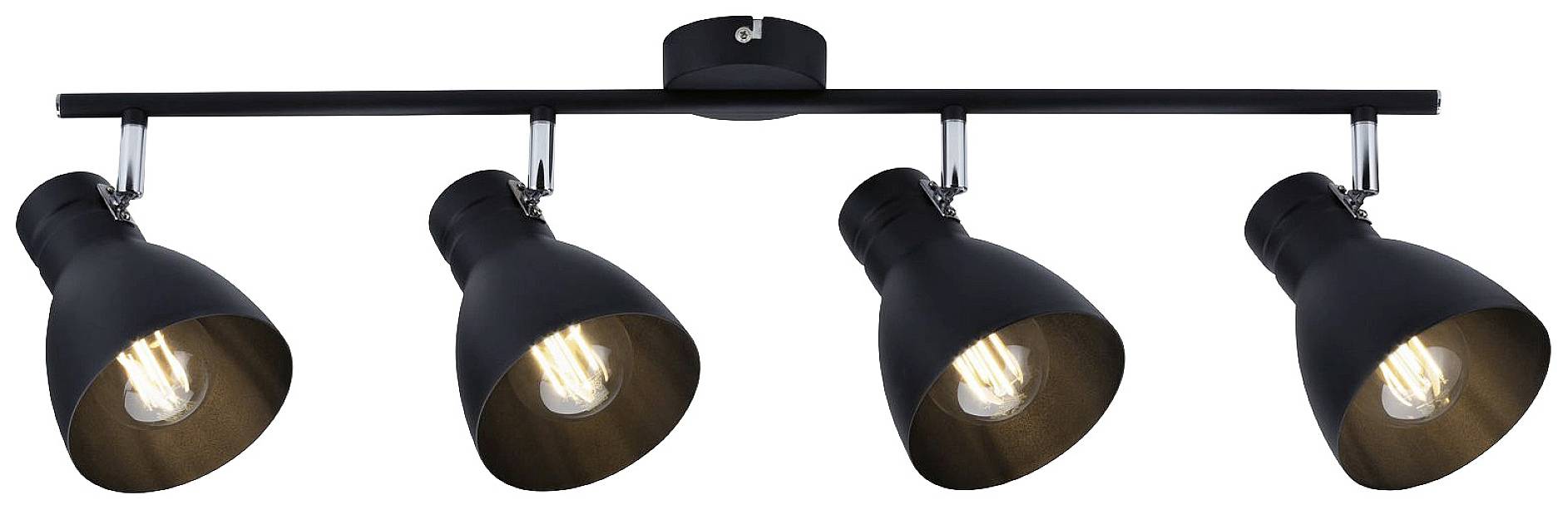 Štyri čierne stropné reflektory so viditelnými žiarovkami sú rovnomerne rozmiestnené na horizontálnej kovovej tyči.