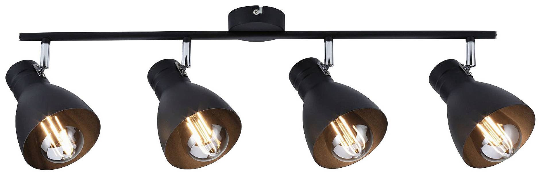 Čierne stropné svietidlo so štyrmi nastaviteľnými reflektormi, každý s viditeľnou žiarovkou, namontované na priamej tyči.