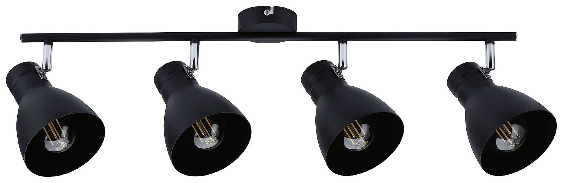Štyri čierne stropné reflektory na priamej lište, smerujúce nadol. Ideálne na osvetlenie miestnosti.