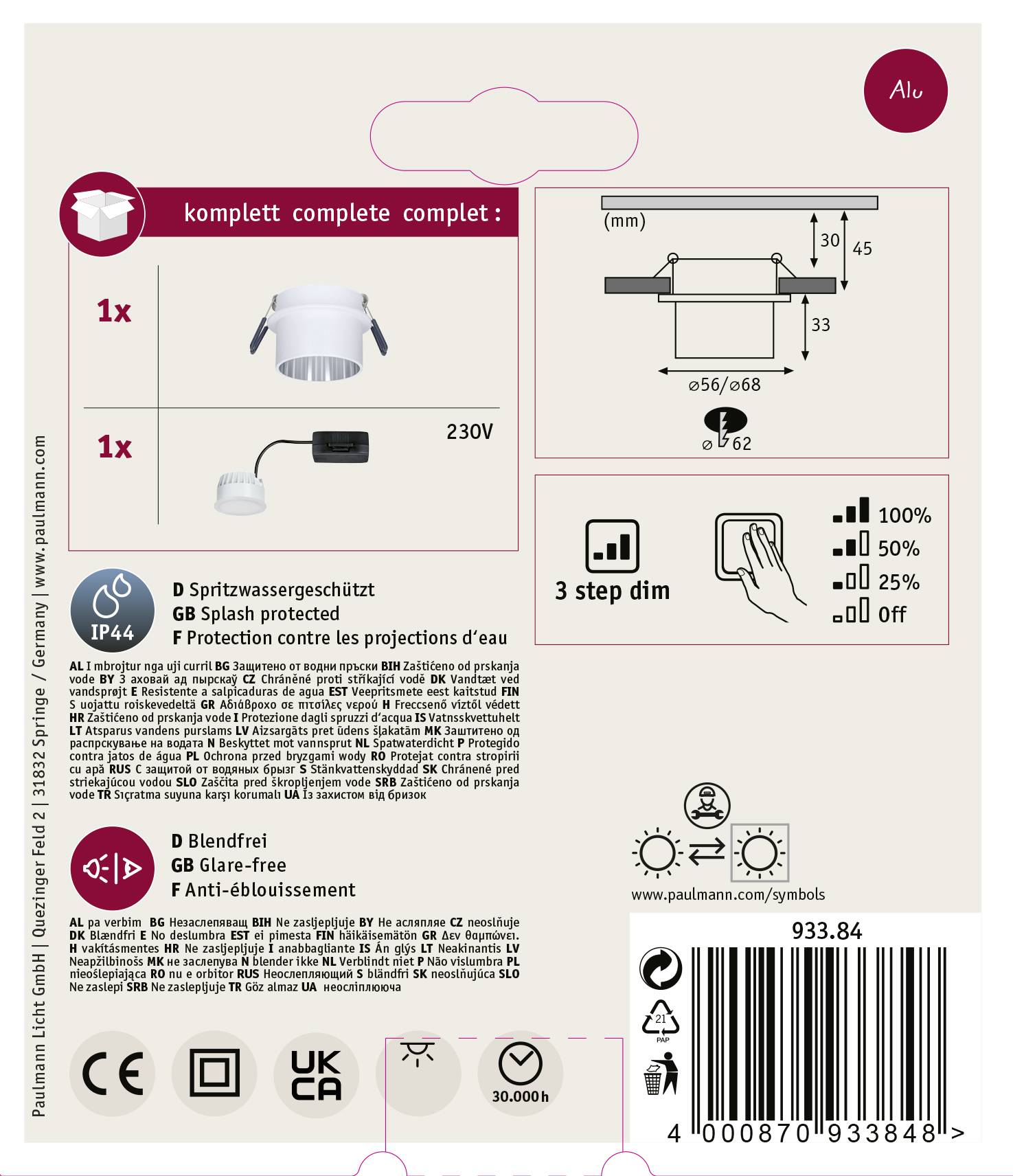 Zadná strana obalu LED svietidla: Obsahuje stupeň krytia IP44, tlmené svetlo bez oslnenia, jednoduchá inštalácia v 3 krokoch.