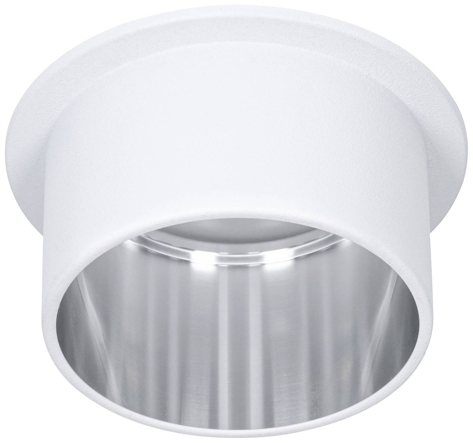 Biela cylindrická stropná LED lampa s kovovým lesklým vnútorným odrazom. Ideálna pre moderný interiér.