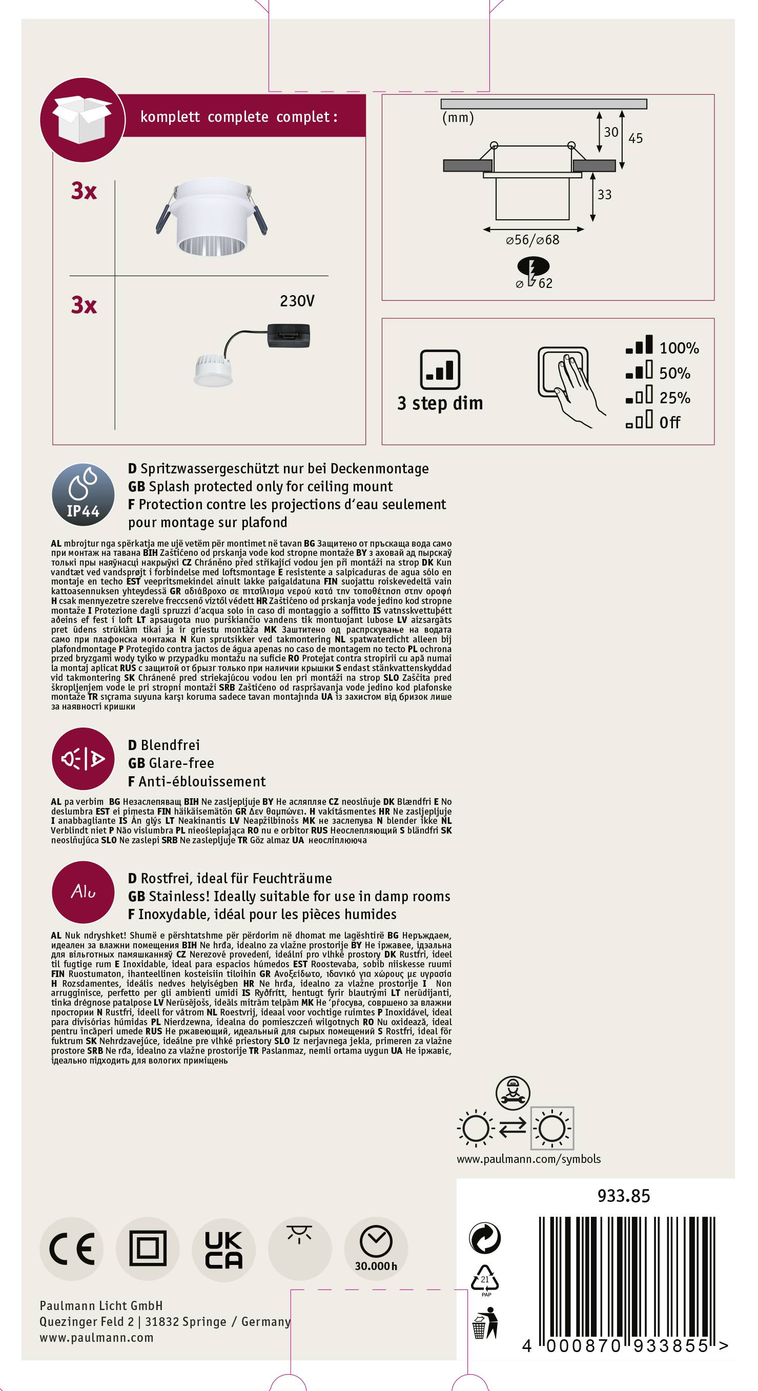 Obal 230V LED zapustenej stropnej sady so 3 stmievateľnými svetlami. Obsahuje pokyny na likvidáciu a bezpečnostné informácie vo viacerých jazykoch.