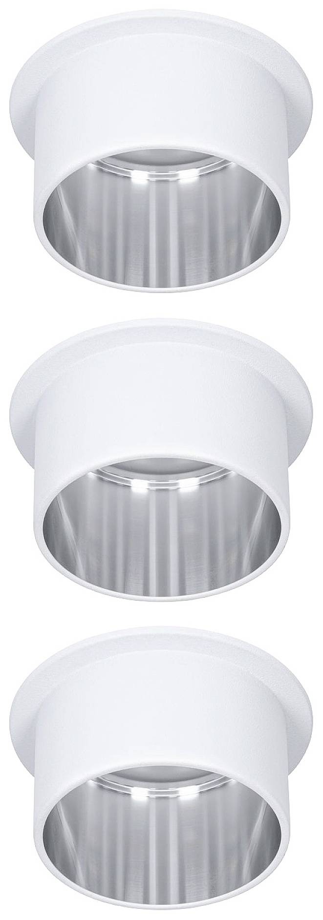 Tri biele valcovité zapustené svietidlá v zvislom usporiadaní.