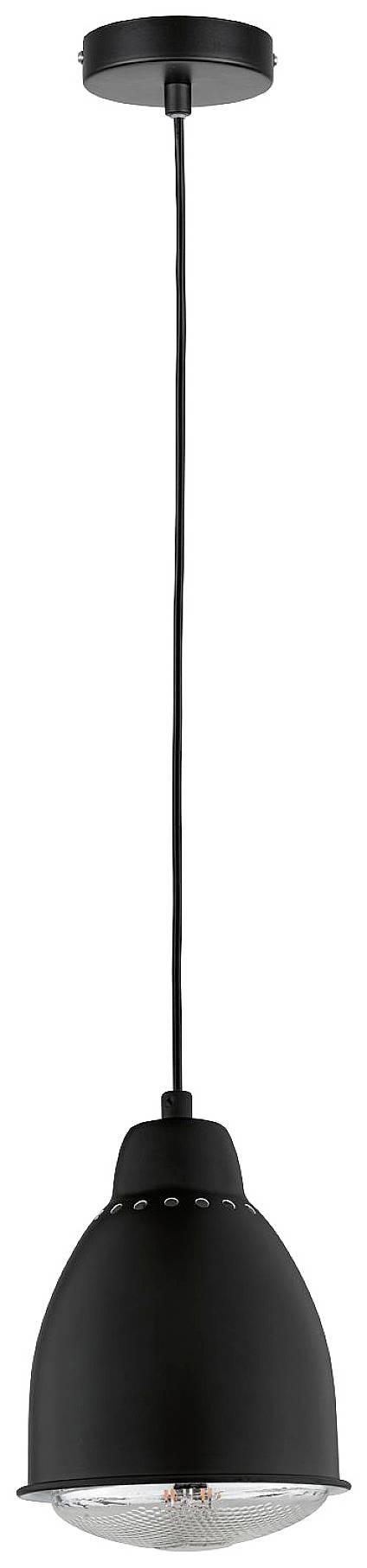 Čierna závesná lampa s okrúhlym tienidlom a priehľadným spodkom, vhodná pre modernú interiérovú osvětlenie.