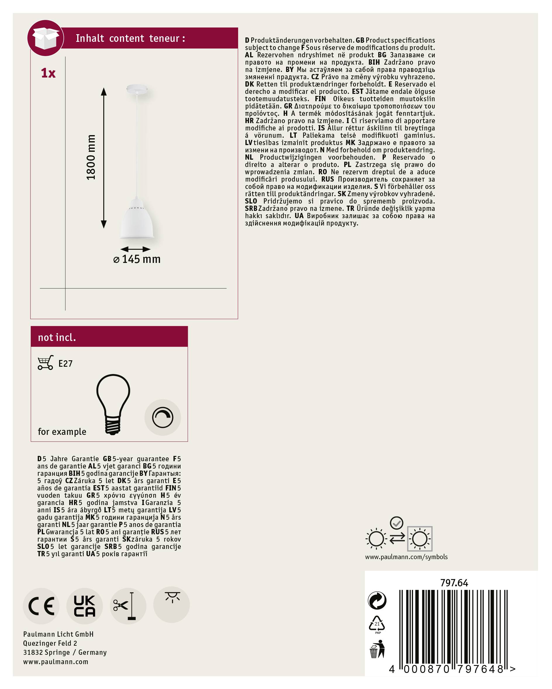 'Produktový obal pre závesnú lampu. Obsahuje rozmery: výška 1800 mm, priemer 145 mm. Vrátane 5-ročnej záruky, bez E27 žiarovky.'