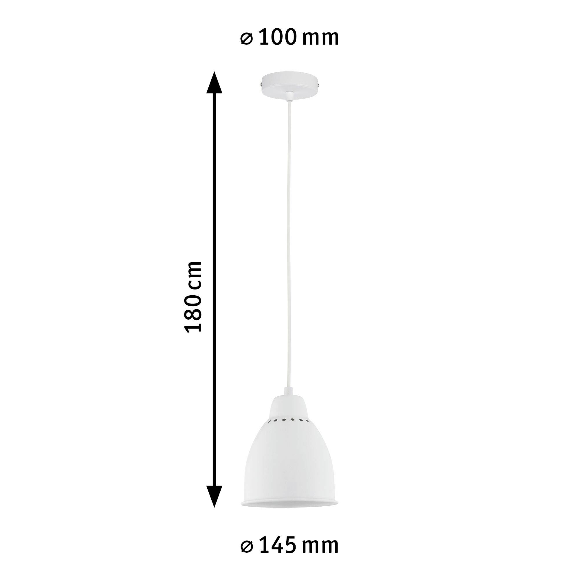 Biela závesná lampa s priemerom 145 mm a dĺžkou kábla 180 cm; stropná konzola s priemerom 100 mm.