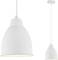 Biela závesná lampa s hladkým, kónickým tienidlom a dekoratívnymi otvormi na hornom okraji, zavesená na tenkom kábli.