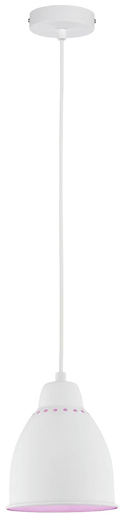 Biela závesná lampa s ružovými akcentmi, vhodná do moderných interiérov.