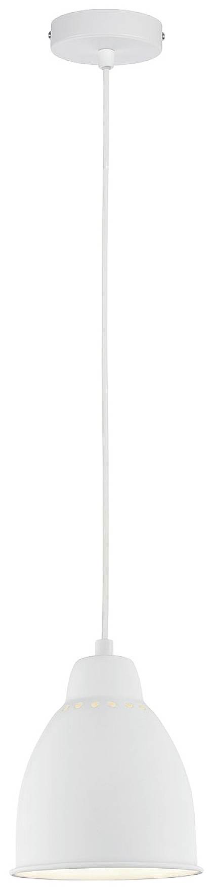 Biela, minimalistická závesná lampa s okrúhlym tienidlom a dlhým káblom, vhodná do moderných obytných priestorov.