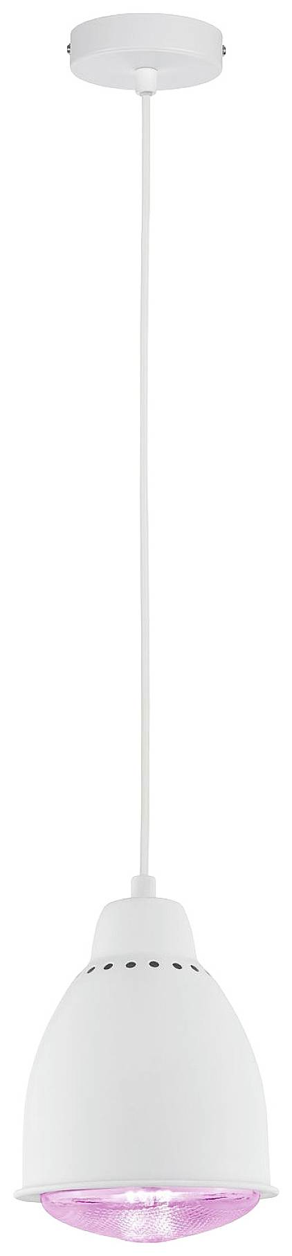 Biela závesná lampa s ružovou žiarovkou, zavesená na dlhom kábli pred bielym pozadím.