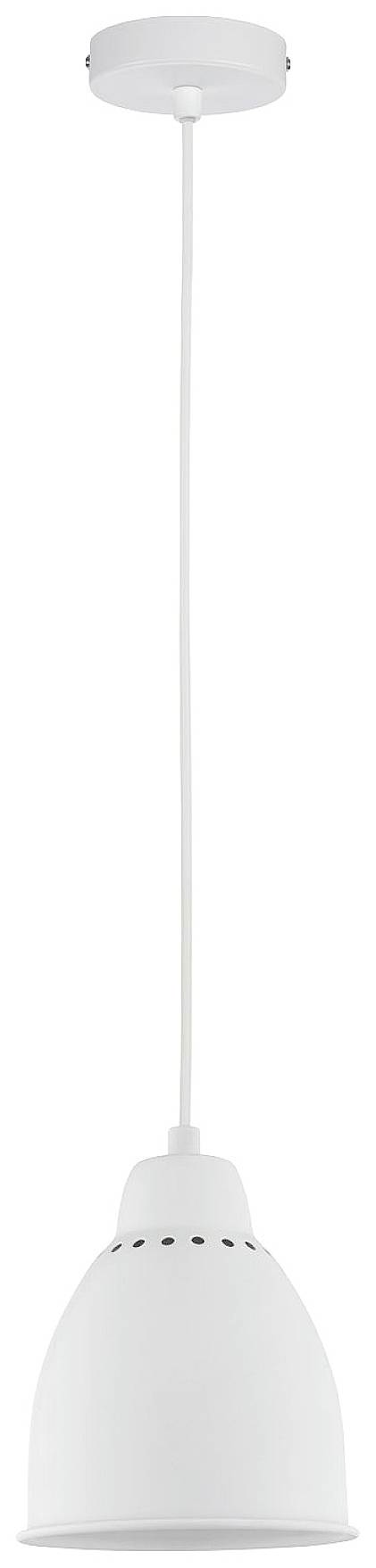 Biela závesná lampa s jednoduchým, moderným dizajnom a okrúhlym tienidlom, zavesená na bielom lane zo stropu.