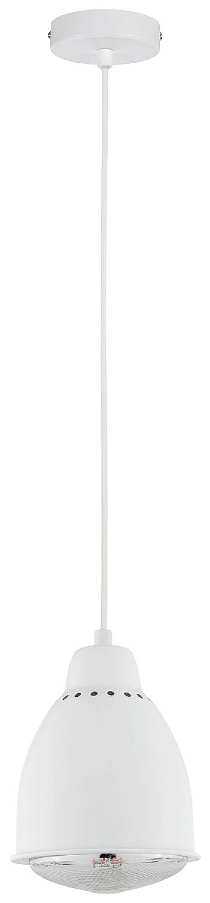 Biela, zavesená stropná lampa s guľatým tienidlom a centrálnym uchytením. Vhodná do moderných interiérov.