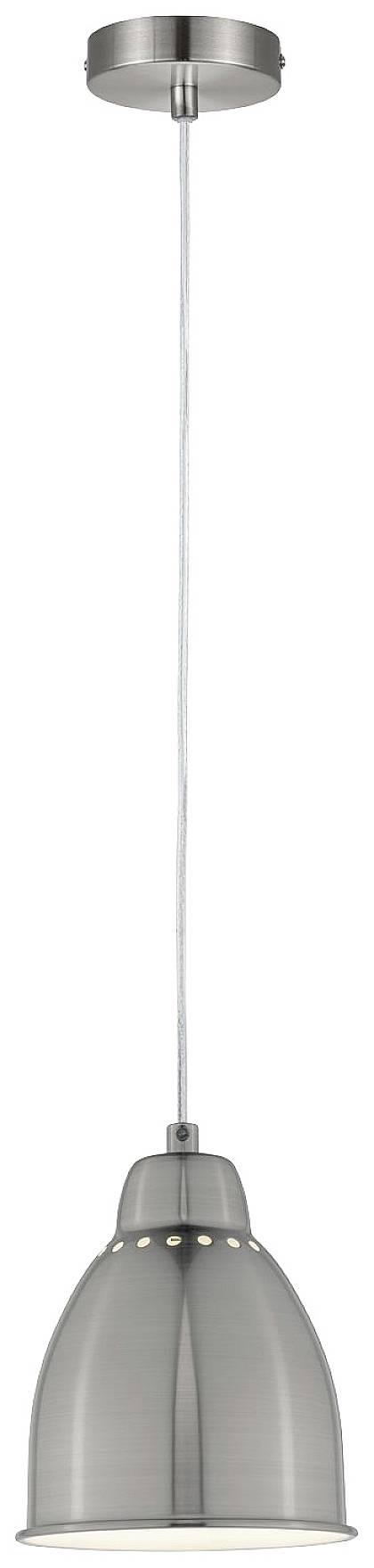 Závesná lampa z kovu s valcovým tienidlom, moderný dizajn, strieborná farba. Ideálna pre minimalistické interiéry.