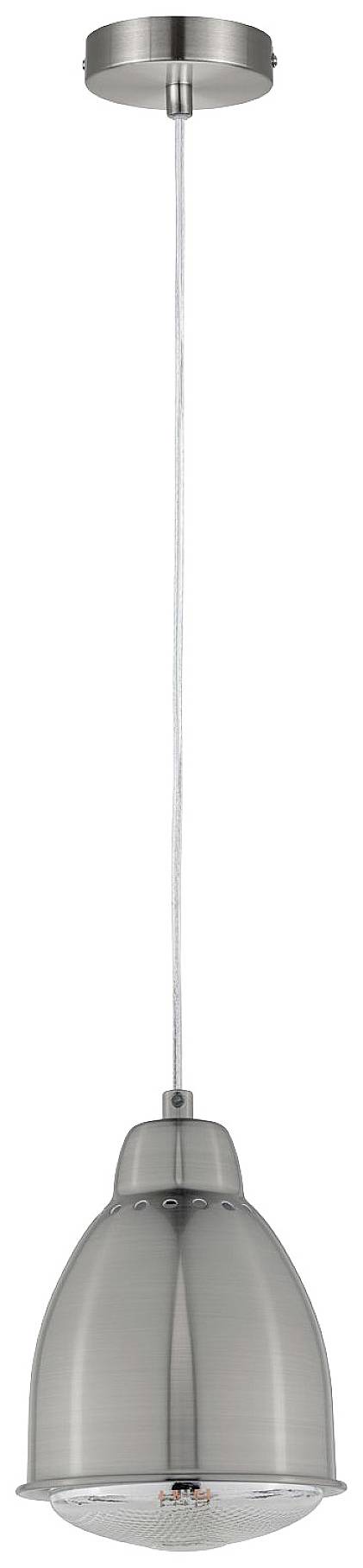 Závesné kovové svietidlo s priehľadným tienidlom, vhodné do moderných interiérov, ktoré smeruje svetlo smerom nadol.