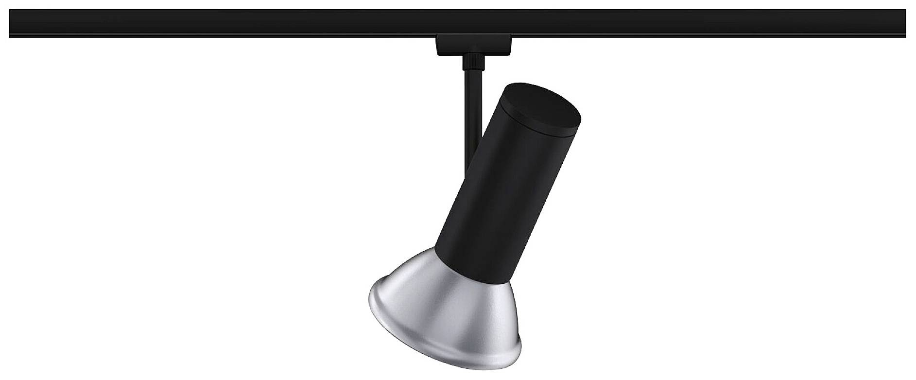 Čierny stropný reflektor s nastaviteľnou hlavou zavesený na lište, vhodný pre akcentové a projektové osvetlenie.