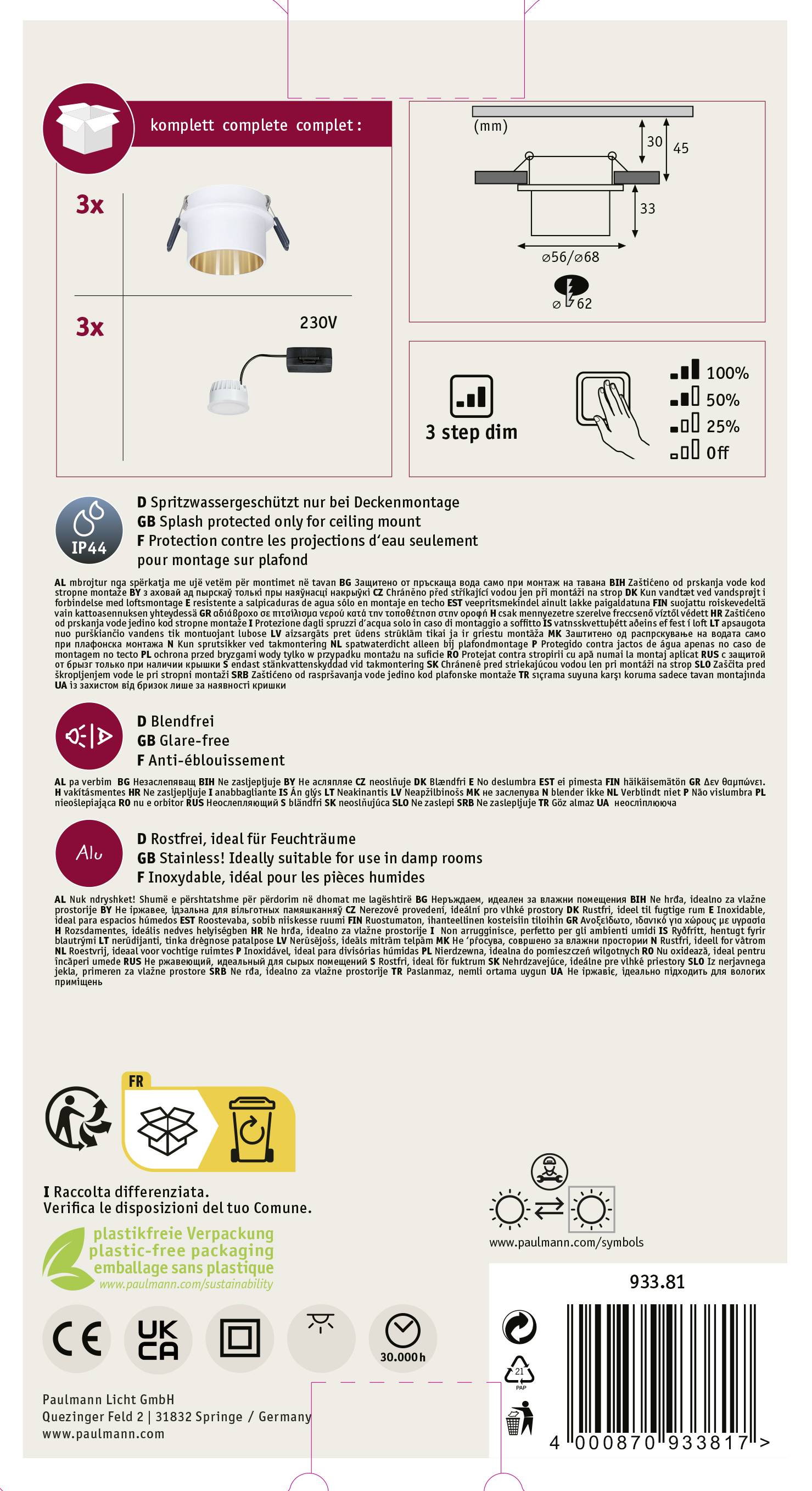 LED bodové svetlo - sada, obsahuje tri zapustené svietidlá a 230V prípojku. Vhodné do vlhkých priestorov. Montáž bez potreby náradia.
