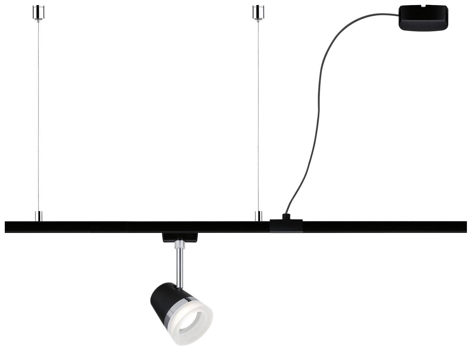 Čierne stropné svietidlo s nastaviteľným reflektorom, zavesené na dvoch lanách. Ideálne pre smerované osvetlenie v moderných priestoroch.