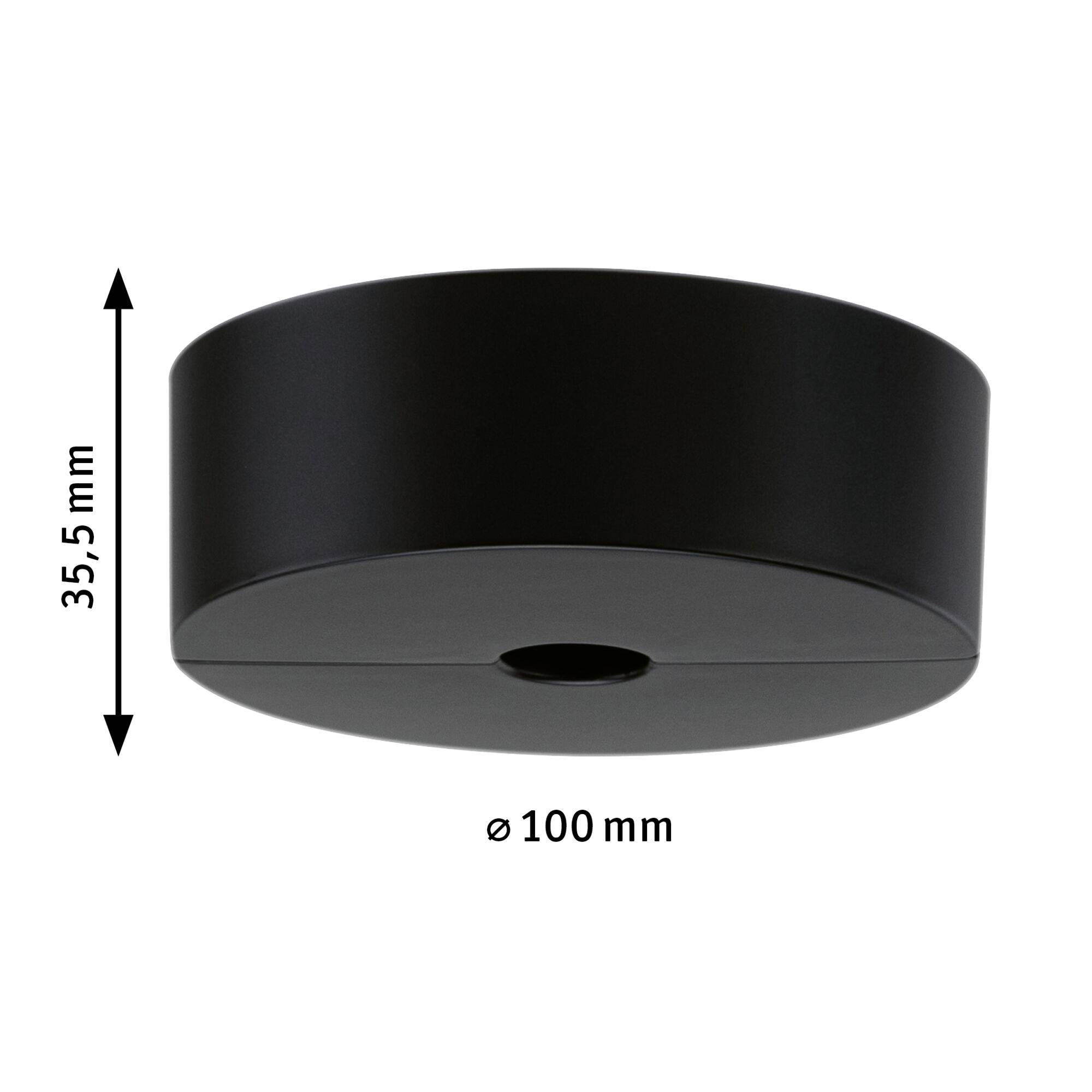 Čierna kruhová stropná konzola s priemerom 100 mm a výškou 35,5 mm.