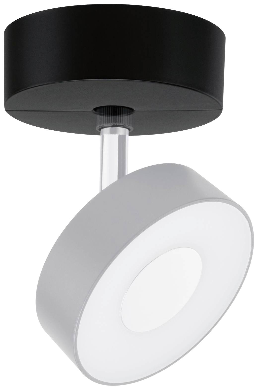 Samostatná lampa s okrúhlym bielym tienidlom a čiernou stropnou konzolou v modernom dizajne.