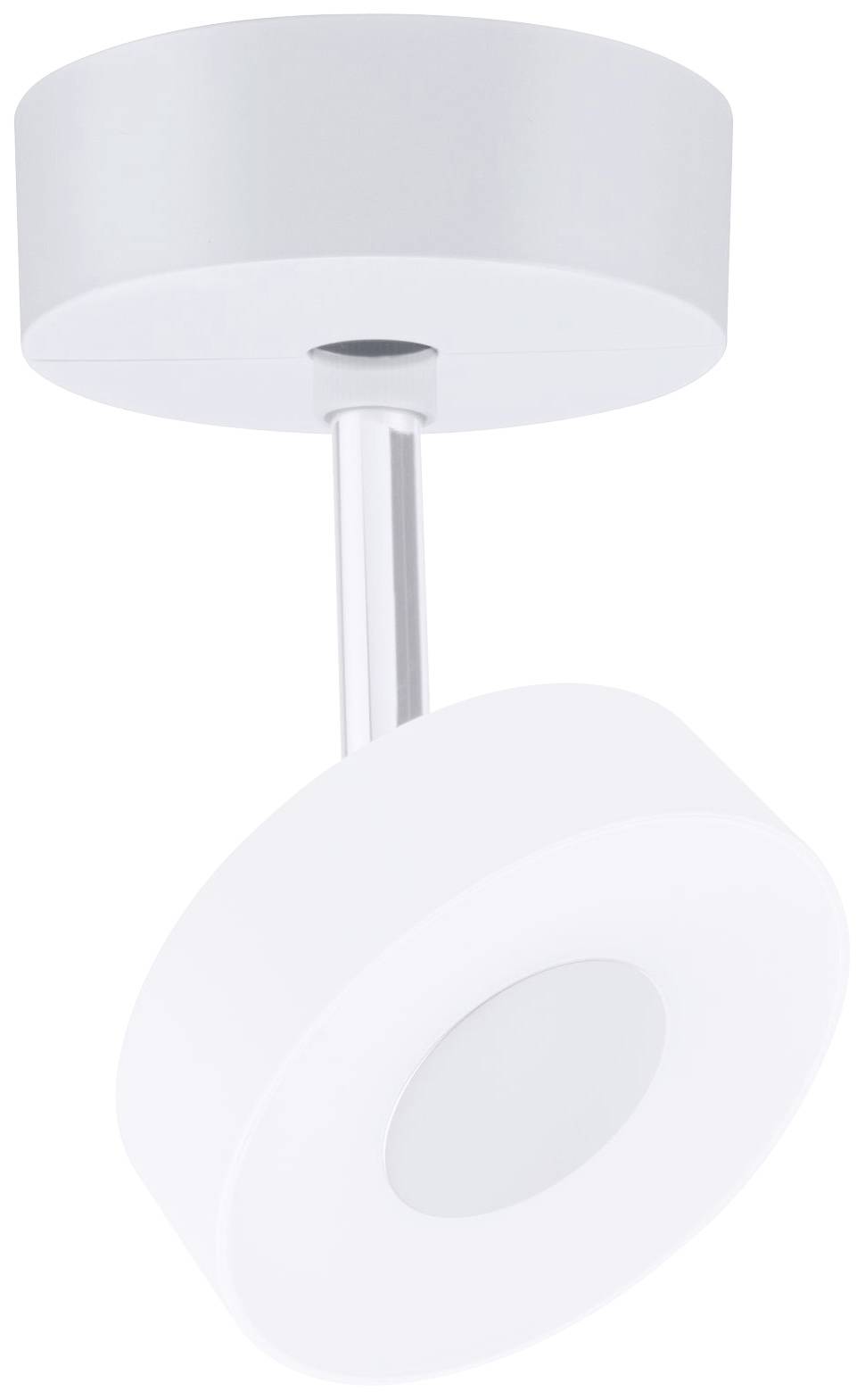 Biela, moderná stropná lampa s okrúhlym telesom a nastaviteľnou hlavicou, namontovaná na krátkej kovovej tyči.