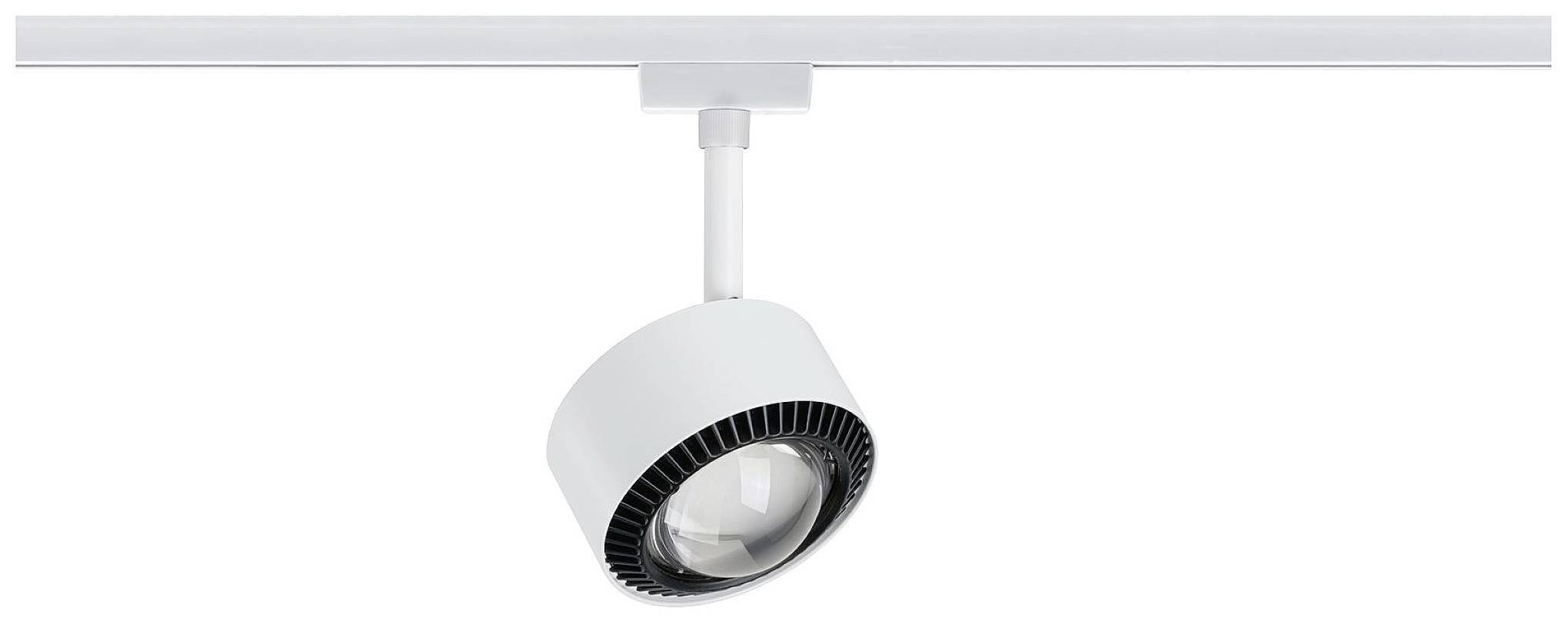 Biely LED reflektor je upevnený na koľajnici a smeruje smerom nadol, vhodný pre cielené osvetlenie v interiéroch.