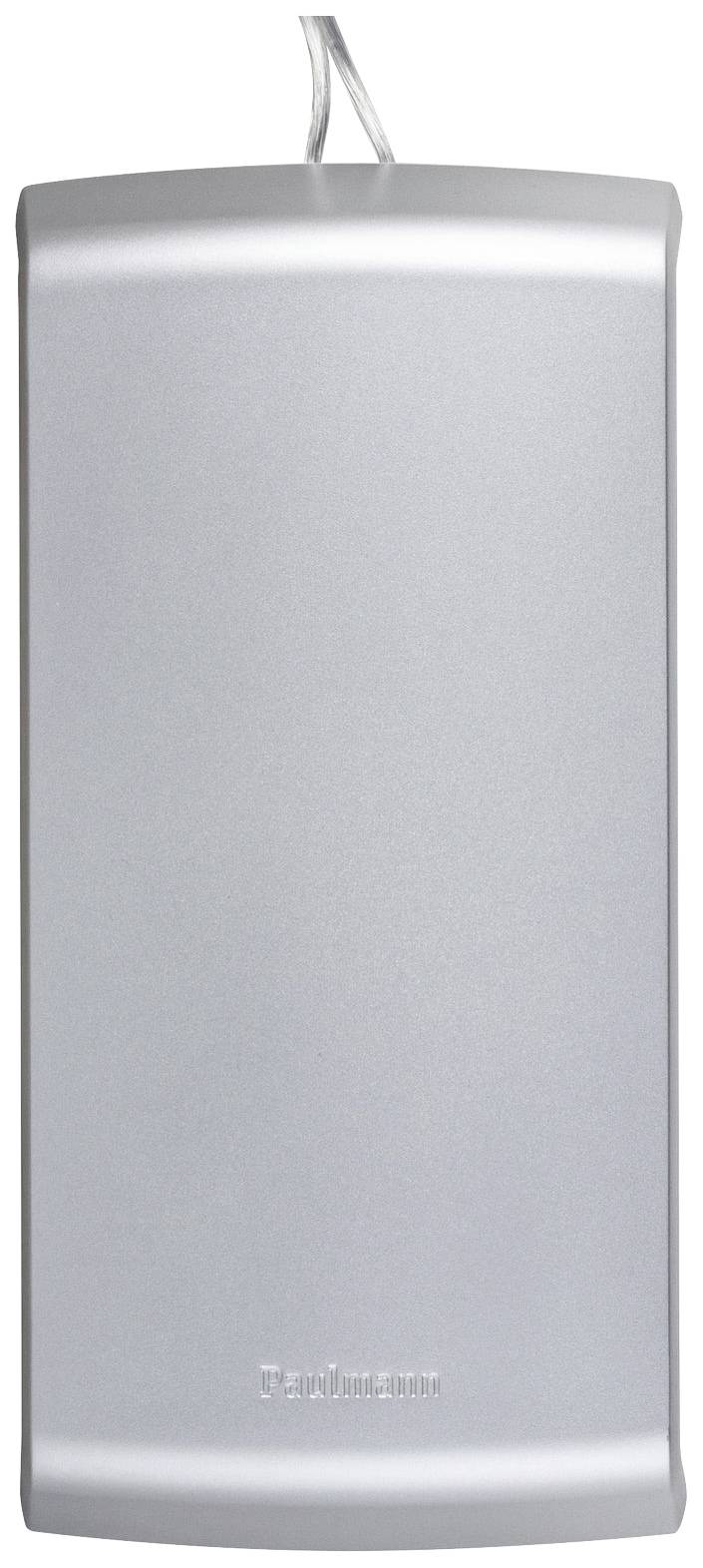 Strieborné, obdĺžnikové zariadenie s káblovým pripojením na hornej strane. Viditeľná štruktúra povrchu. Pravdepodobne technické zariadenie.