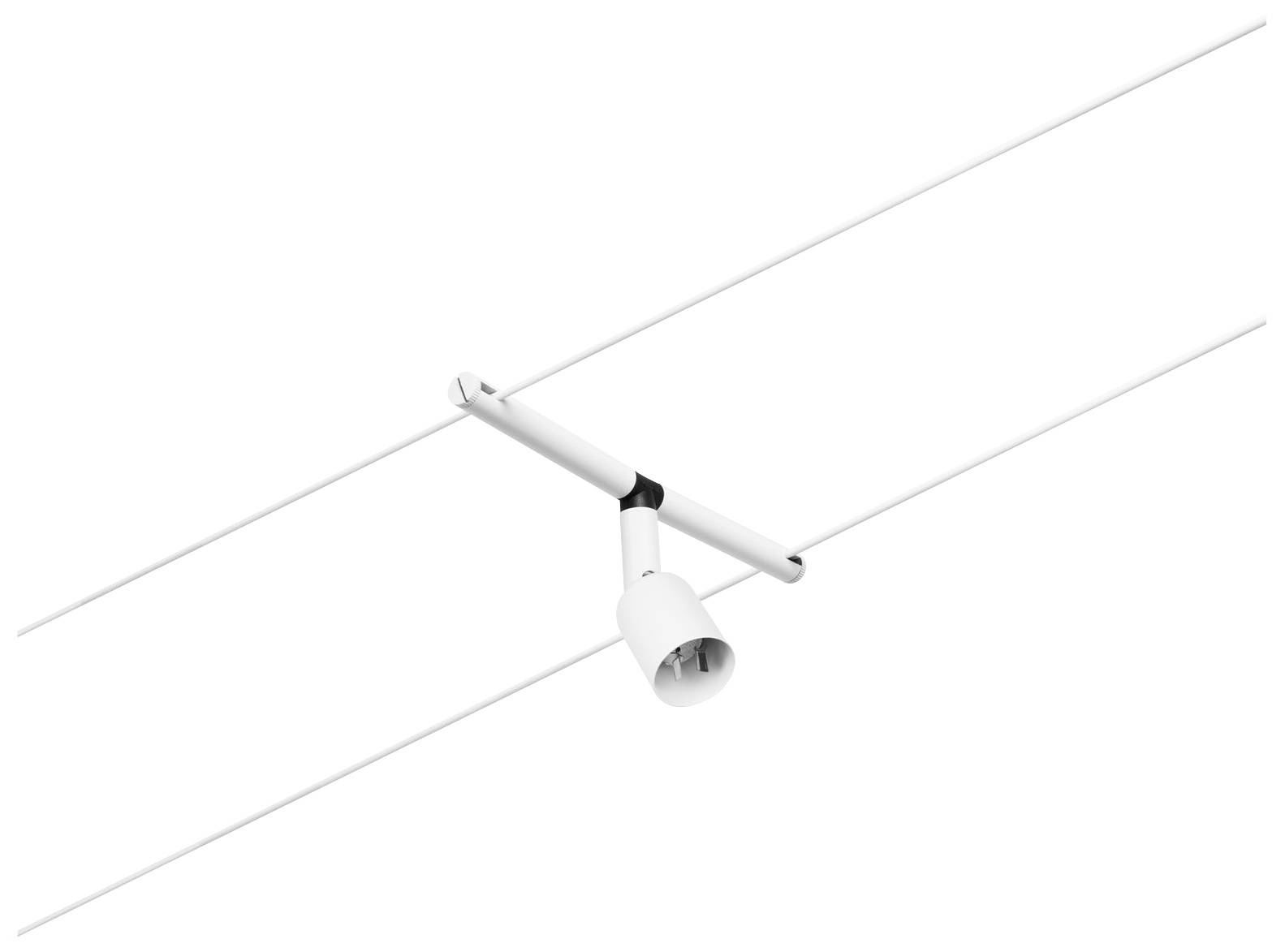 Biela, minimalistická stropná lampa s dlhým horizontálnym ramenom a otočným reflektorom. Moderný, redukovaný dizajn.