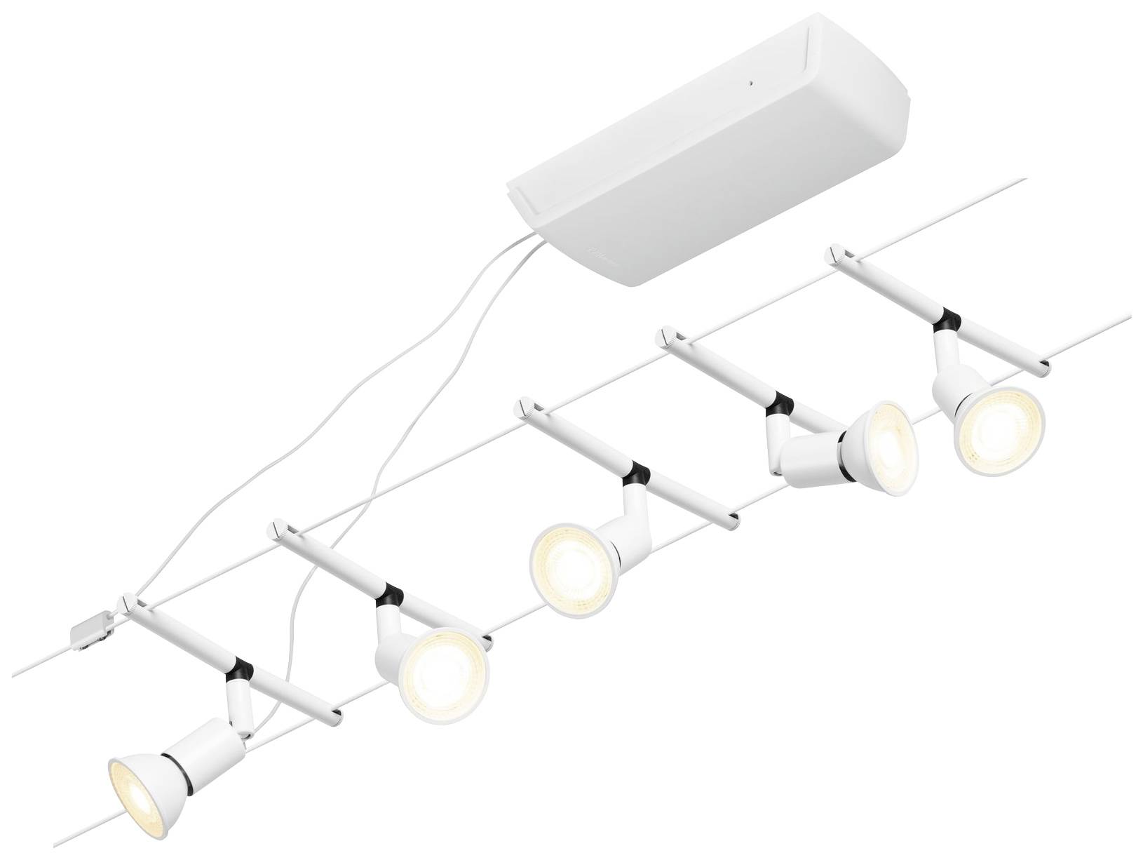 Nastaviteľné stropné LED svietidlo s piatimi bielymi reflektormi na lište, moderný dizajn pre všestranné osvetlenie.