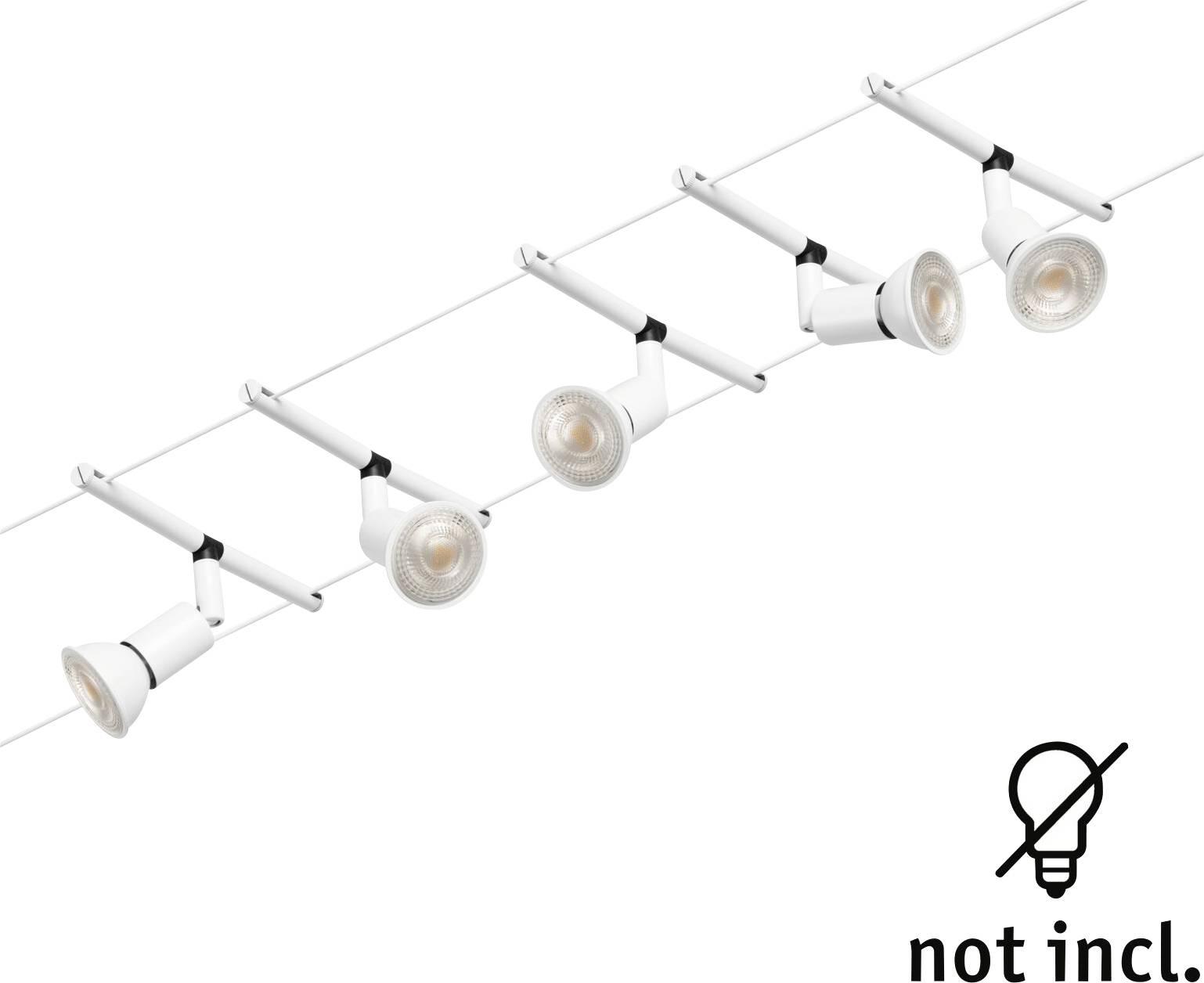 Biele stropné svietidlá na koľajnicovej lište. Päť nastaviteľných reflektorov je umiestnených v rade. Úsporné žiarovky nie sú súčasťou dodávky.