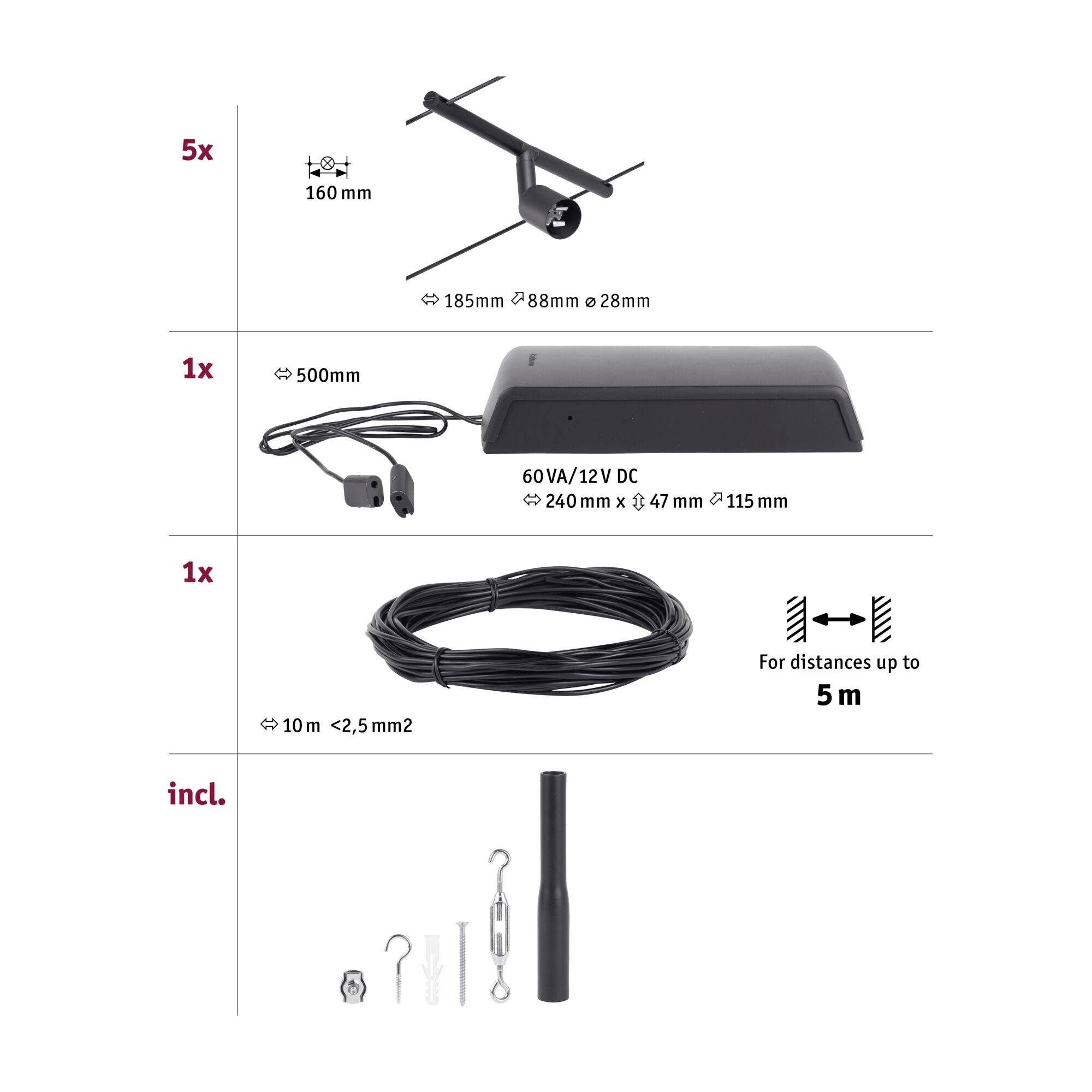 Obrázok zobrazuje súpravu pre systém napínania lán: 5 napínačov lán (160 mm), 1 transformátor (500 mm kábla, 60 VA/12 V DC), 1 kábel (10 m). Príslušenstvo je zahrnuté pre vzdialenosti až do 5 m.