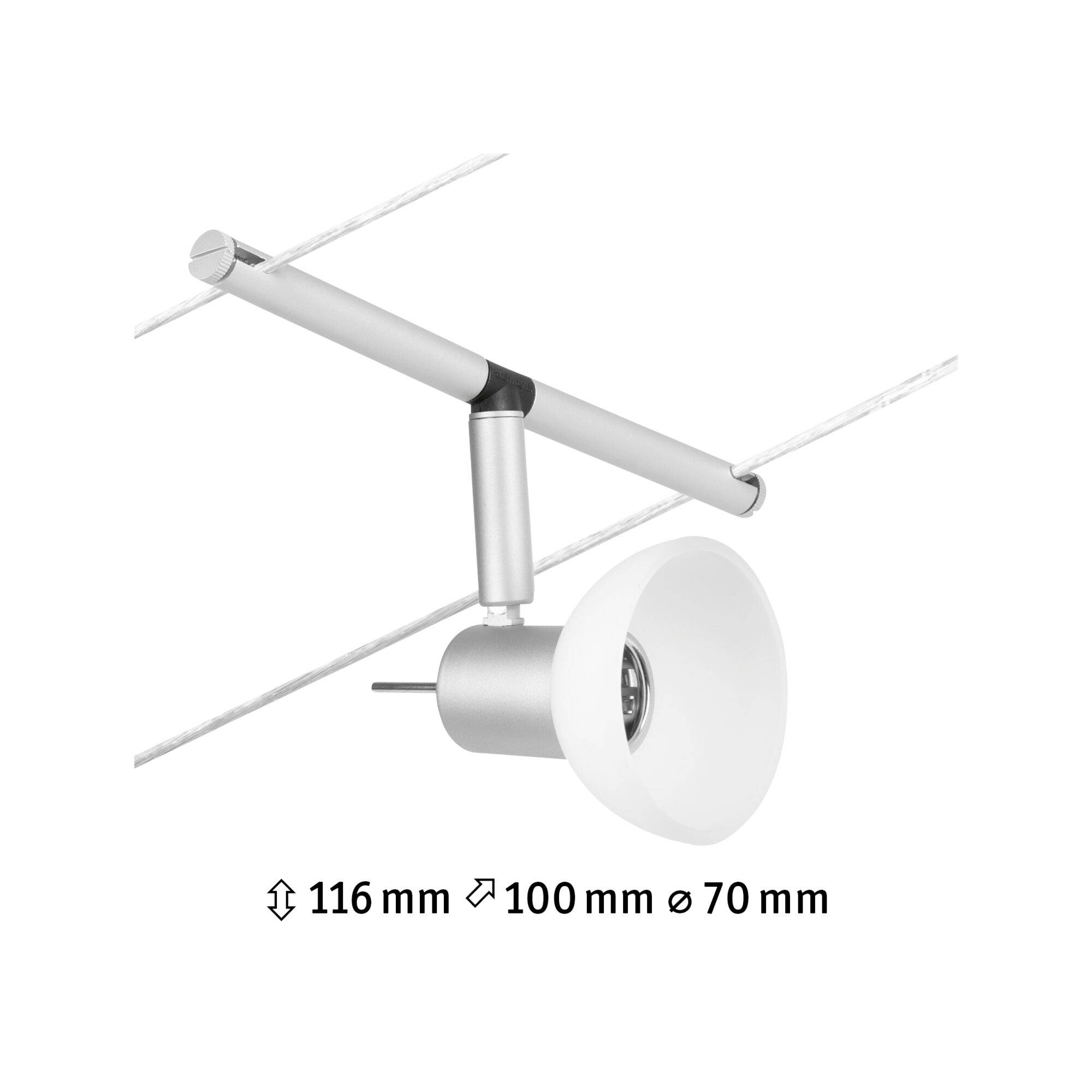 Bodový stropný reflektor s nastaviteľnou hlavou upevnený na lankovom závese, rozmery sú uvedené nižšie.