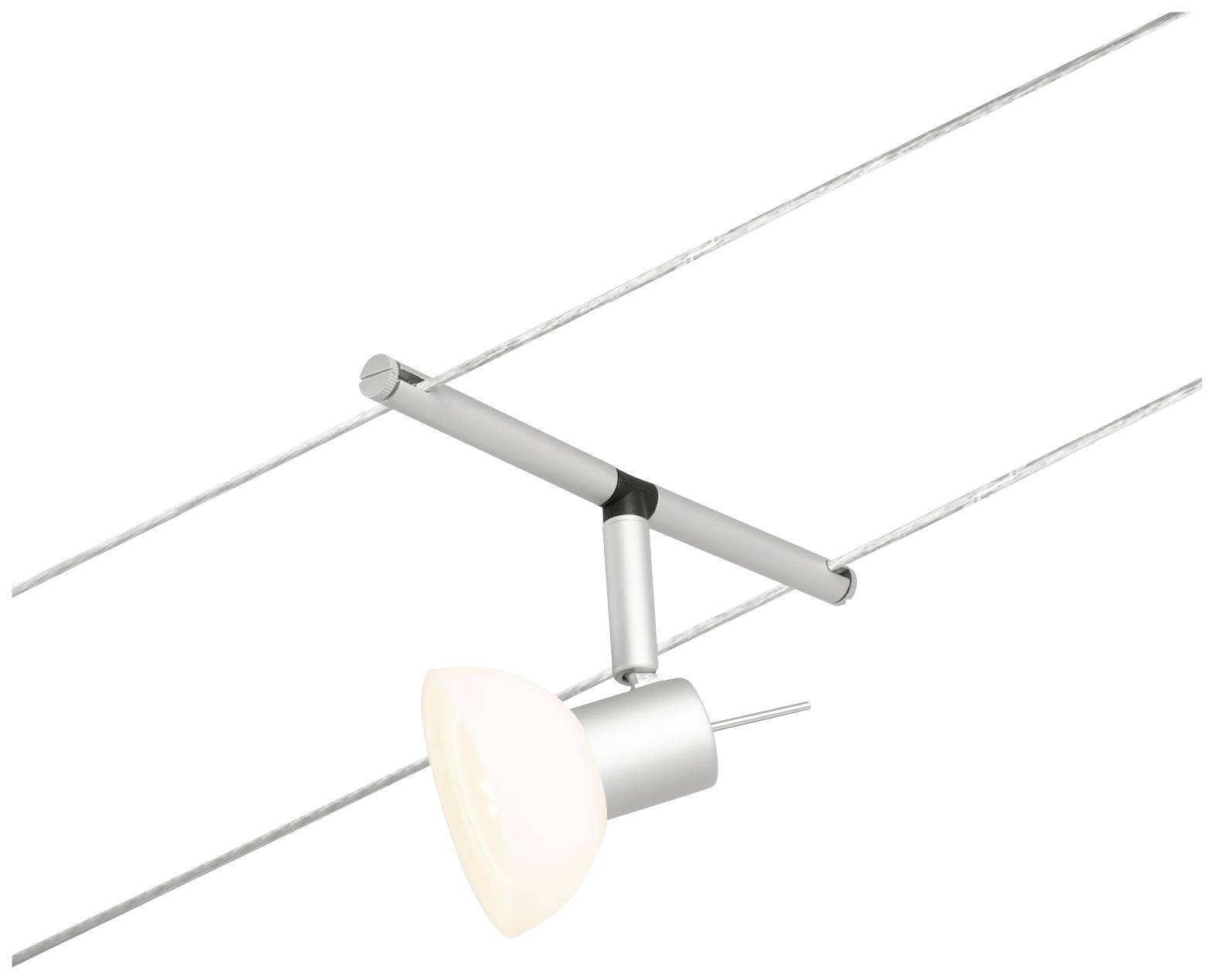 Moderné stropné svietidlo z kovu s guľovitým tienidlom, namontované na káblový systém.