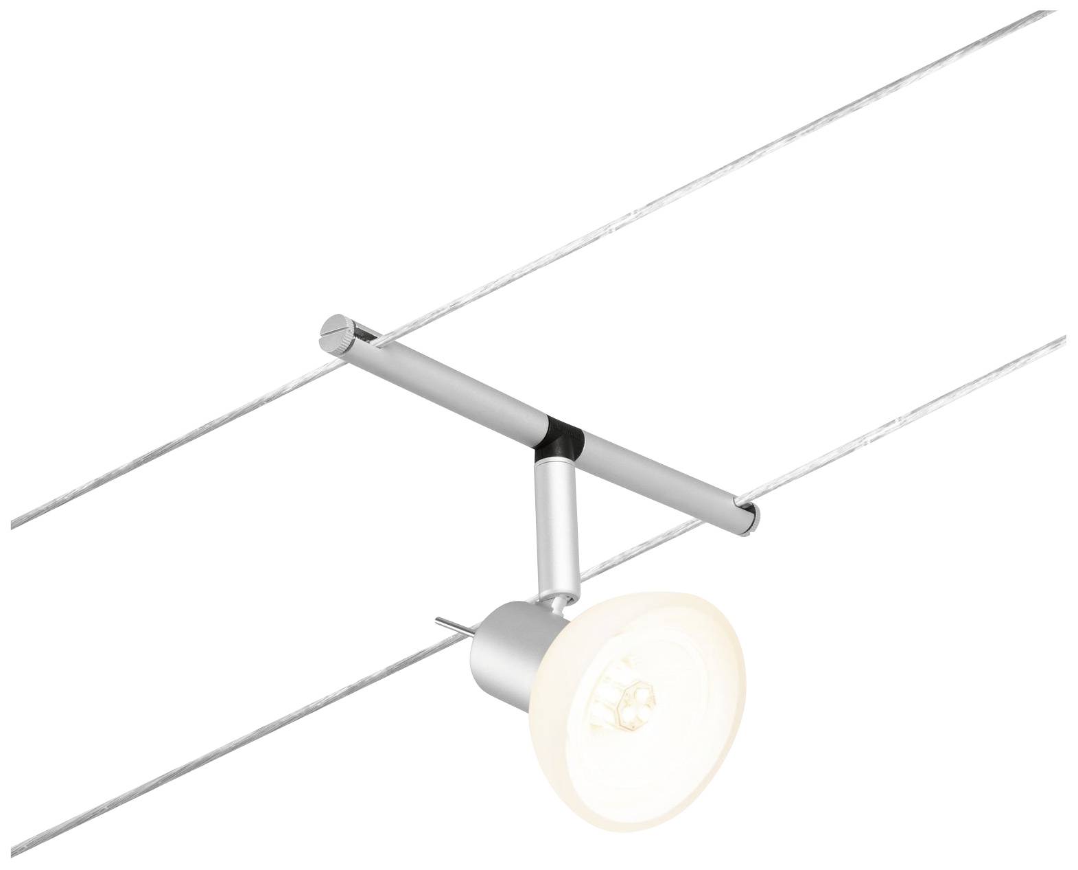 Samostatný stropný reflektor s moderným dizajnom, namontovaný na napnutom kábli, vyžaruje jasné, teplé svetlo.