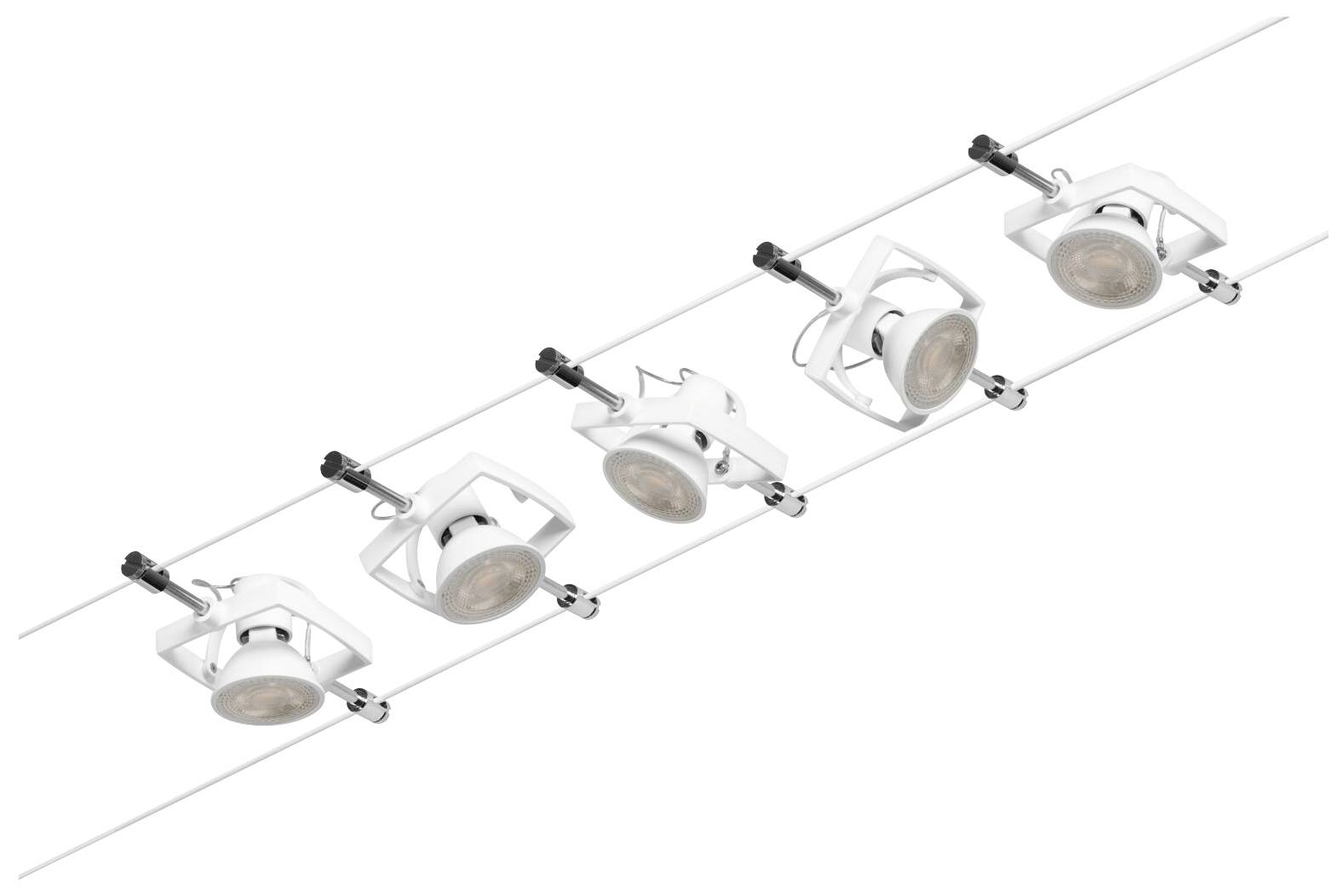 Päť bielych stropných svetiel je namontovaných na lište. Lampy sú rovnomerne rozmiestnené a všetky smerujú jedným smerom.