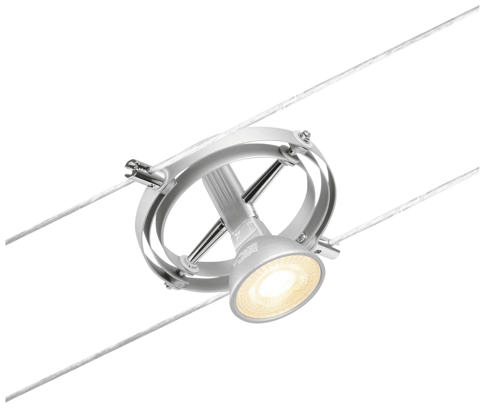 Strieborná, otočná svetelná sústava s lankovým vedením s kruhovým rámom a LED svetelným zdrojom, namontovaná medzi dvoma napájacími lanami.