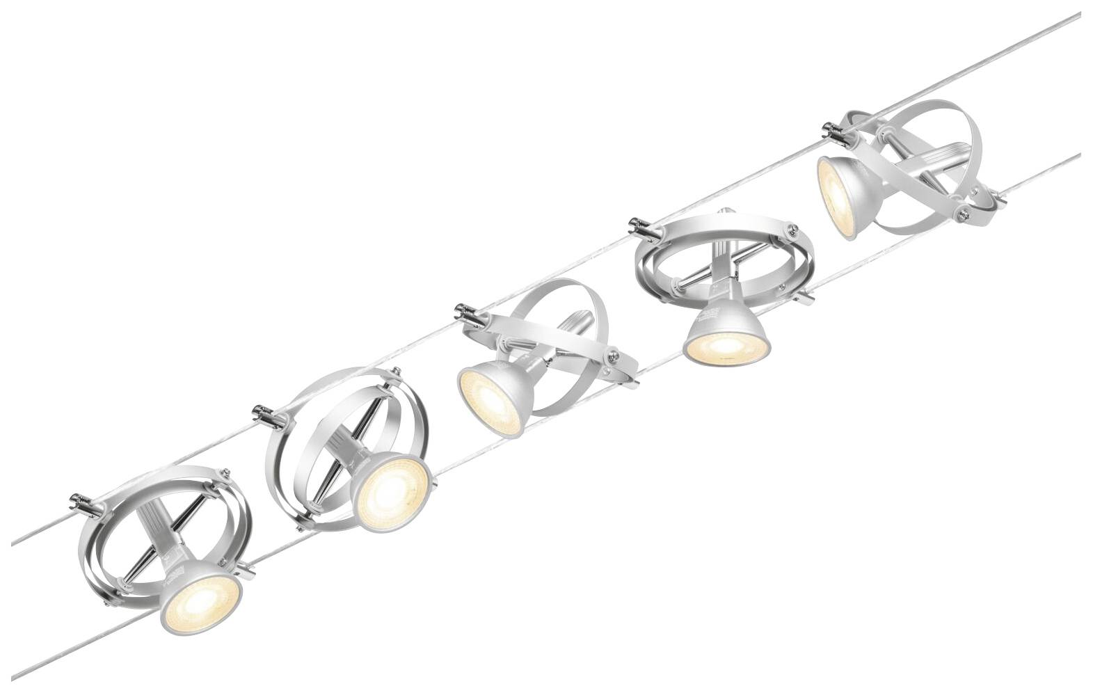Stropné koľajnicové svietidlo s piatimi nastaviteľnými okrúhlymi LED bodovkami, ktoré sú namontované v línii a vyžarujú teplé biele svetlo.