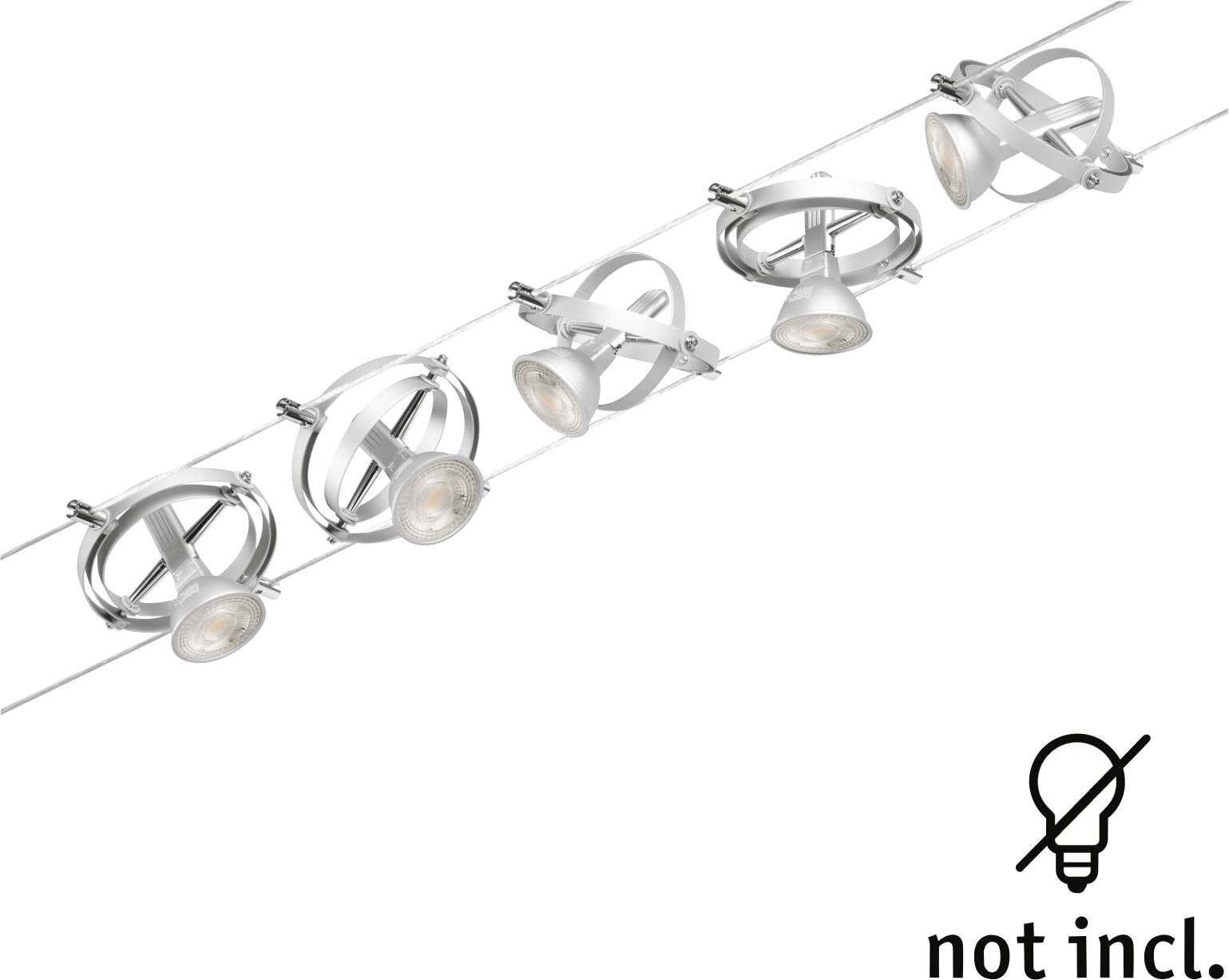 Zavesený systém s piatimi otočnými, okrúhlymi svetlami; úchytky v chrómovom dizajne. Poznámka: 'Žiarovka nie je súčasťou balenia'.