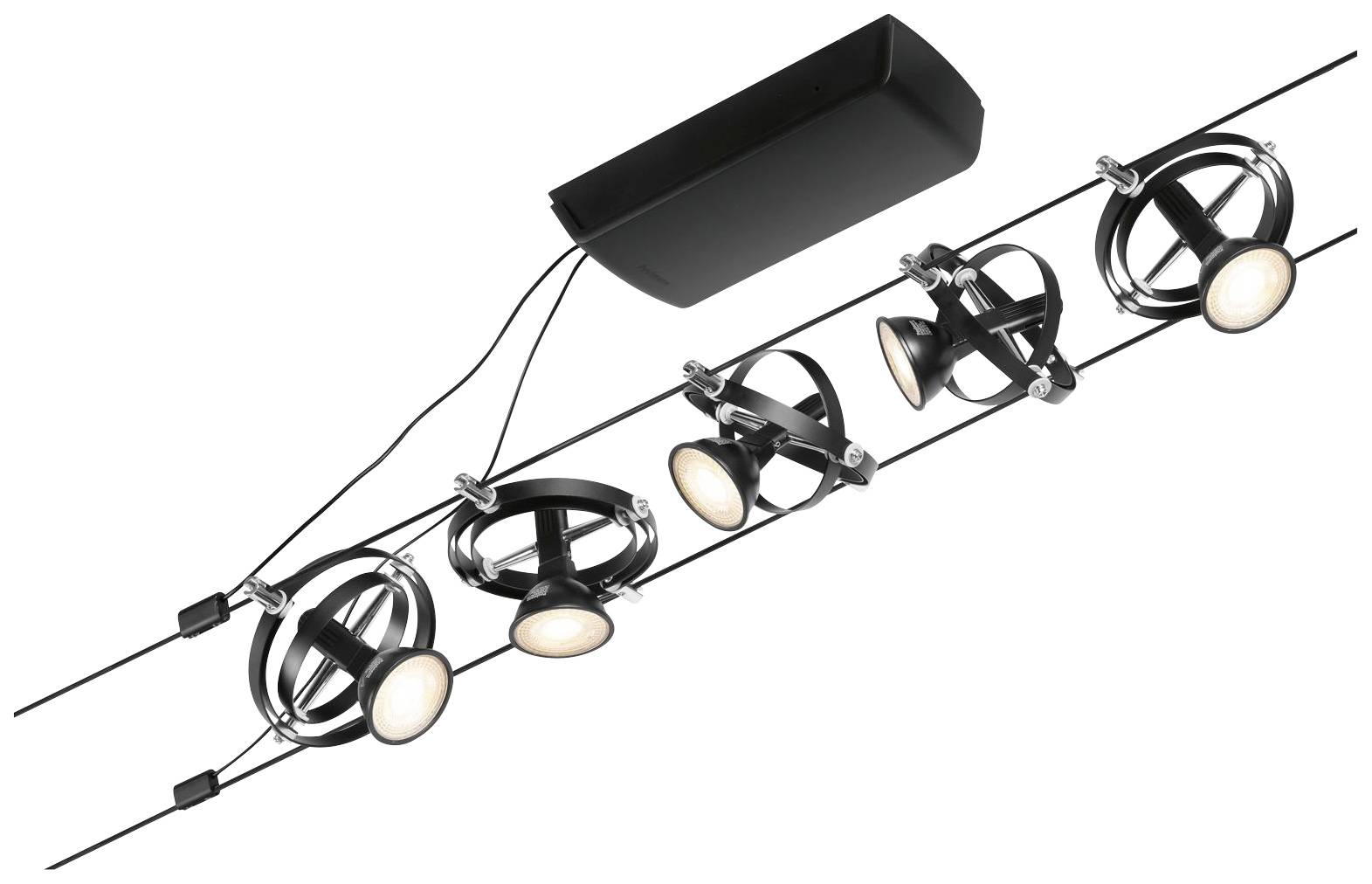 Čierne stropné svietidlo s piatimi nastaviteľnými svetlometmi v kruhovom uchytení, ideálne pre akcentované osvetlenie v moderných priestoroch.