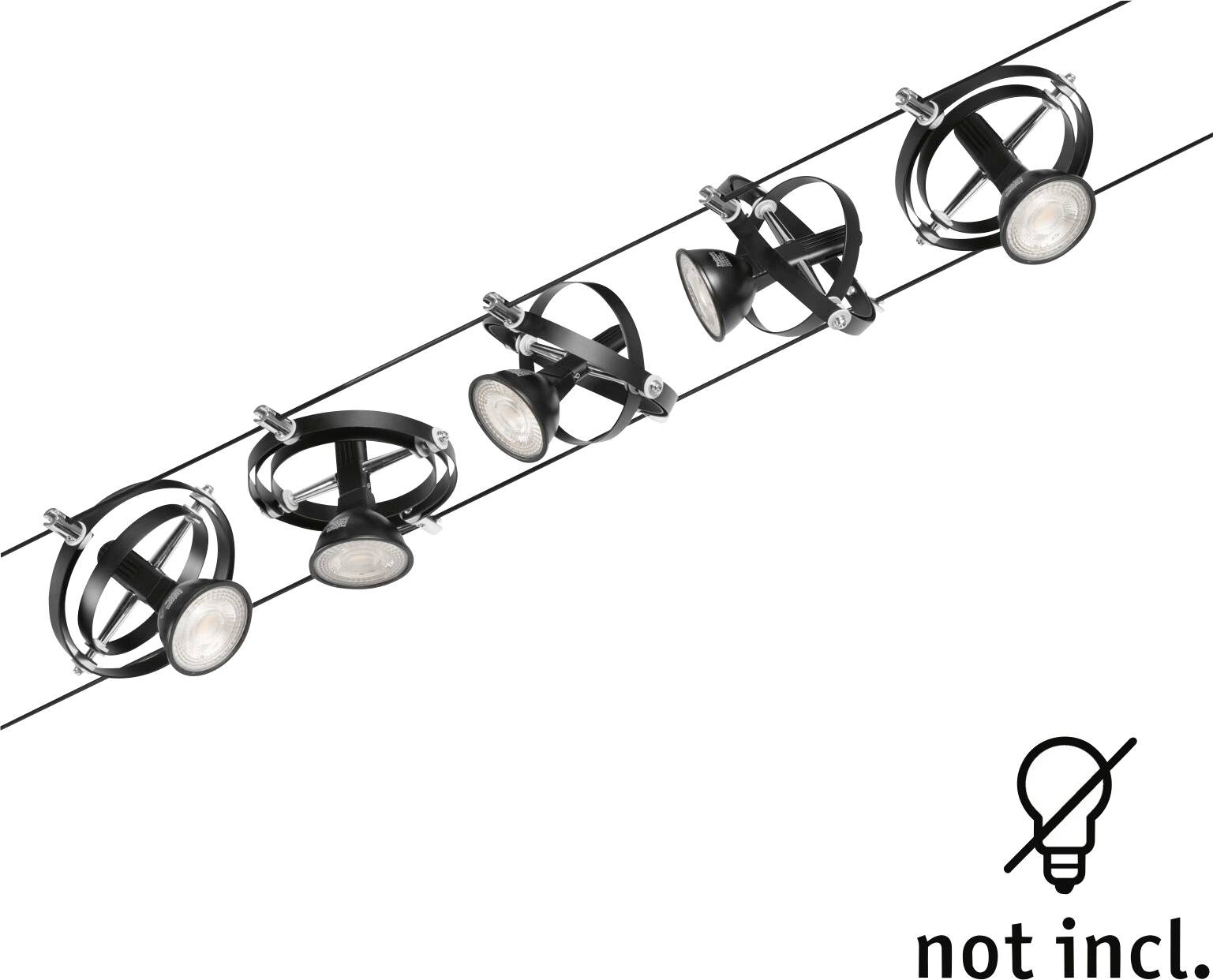 Závesná lampa so štyrmi nastaviteľnými bodovými svetlami v čiernej farbe. Poznámka dole vpravo: Žiarovky nie sú súčasťou balenia.