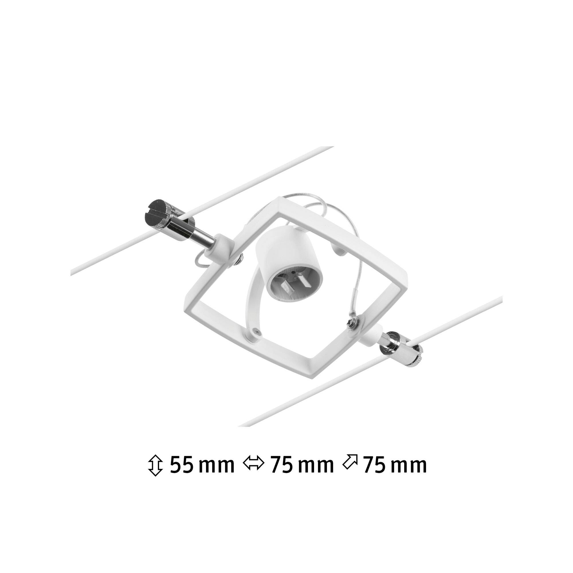 Biely štvorcový stropný reflektor s nastaviteľnou hlavicou lampy, upevnený na dvoch paralelne vedených lanách; rozmery: 55-75 mm.