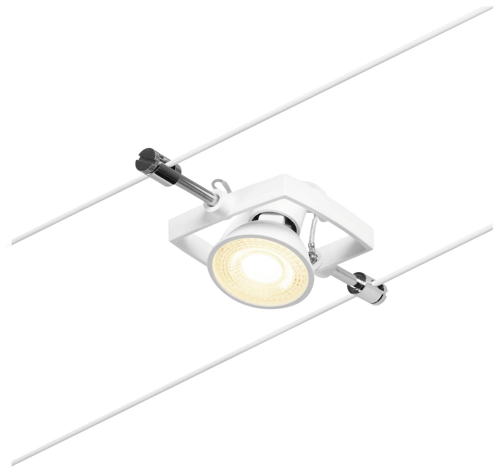 Moderné biele LED lanové svietidlo so štvorcovým púzdrom a nastaviteľnou hlavicou, namontované na dvoch paralelných drôtoch.