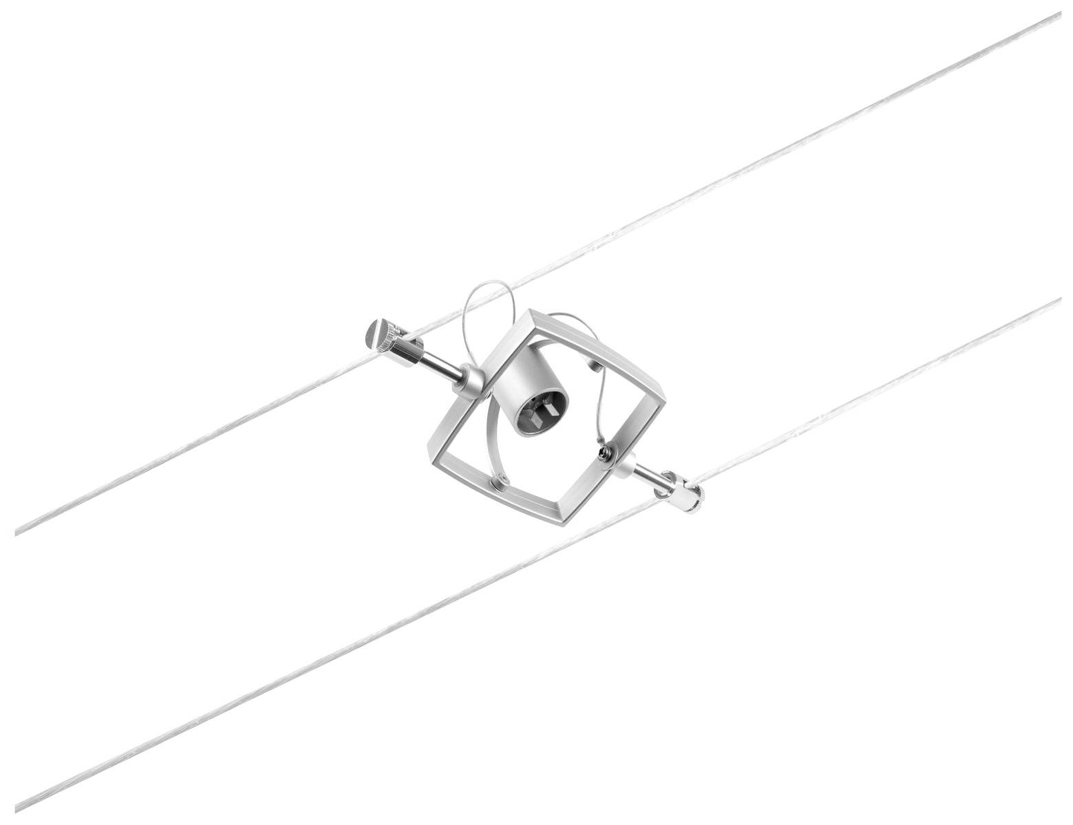 Štylizovaný stropný reflektor s moderným geometrickým dizajnom je integrovaný do lanového zavesenia a slúži na osvetlenie.