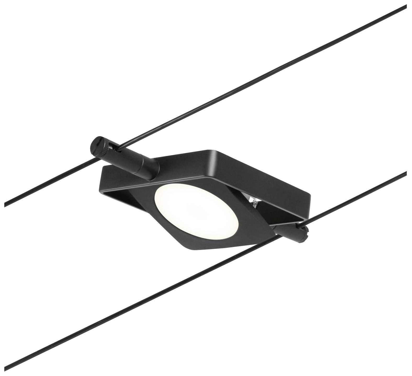 Čierny svetelný reflektor s okrúhlym svetelným telesom, upevnený na dvoch lanách.