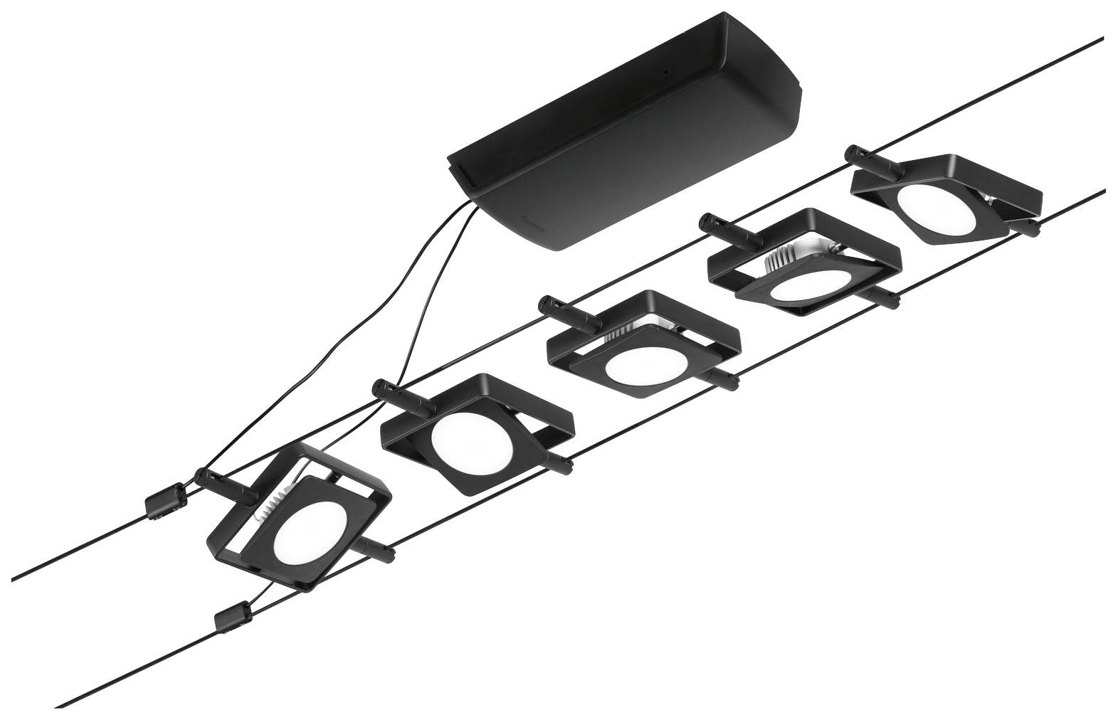 Čierne, moderné stropné svietidlo s piatimi štvorcovými bodovými svetlami na kovovej konzole, vhodné pre štýlovú interiérovú osvietenie.