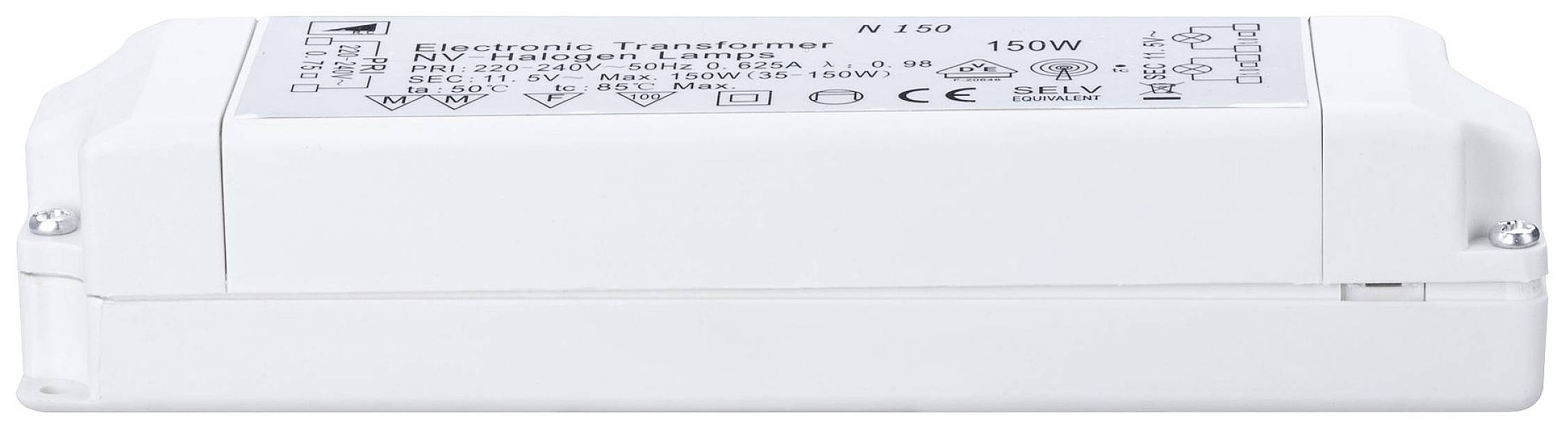 Elektronický transformátor s etiketou zobrazujúcou technické špecifikácie. Transformátor je biely a obdĺžnikový.