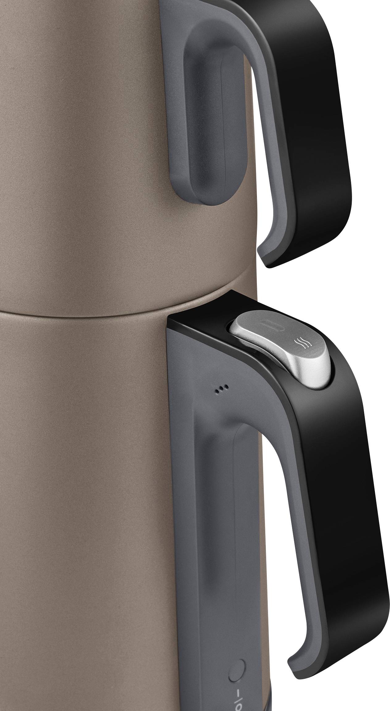 Hnedý termosový kontajner s čiernou rukoväťou a vekom. Dôraz je kladený na detailne stvárnený dizajn rukoväte.